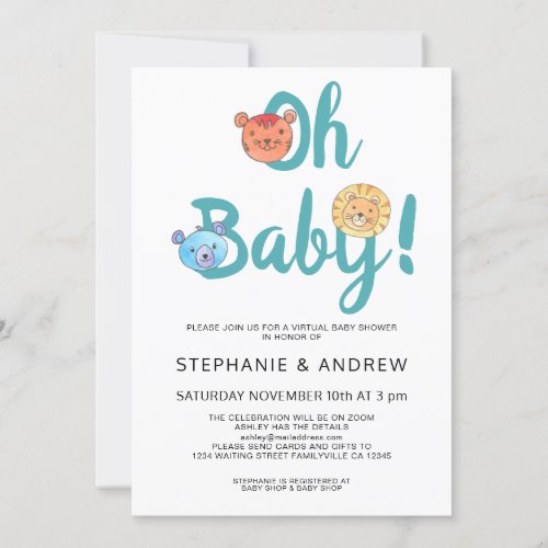 Oh Baby Pastel Cute Animals Virtual Baby Shower Invitation