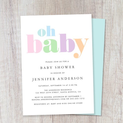 Oh Baby Pastel Minimal Modern Baby Shower Invitation