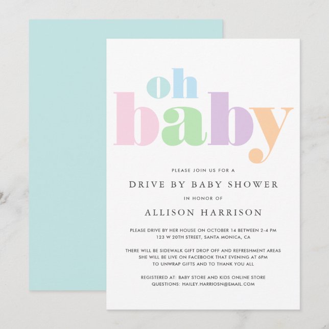 Oh Baby Pastel Minimal Modern Drive By Shower Invitation (Front/Back)