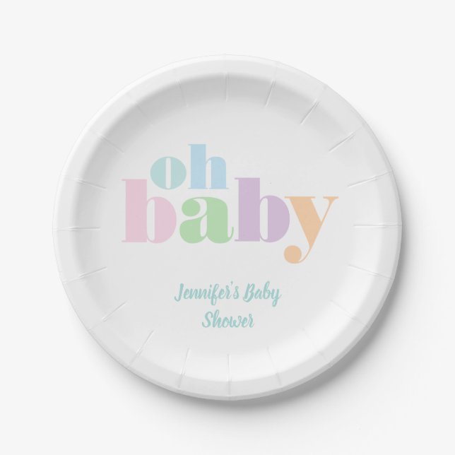 Oh Baby | Pastel Teal Modern Baby Shower Paper Plates (Front)