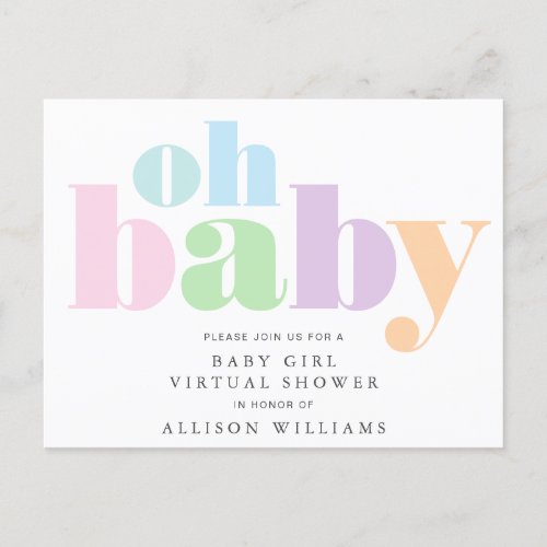 Oh Baby Pastel Typography Virtual Baby Girl Shower Invitation Postcard