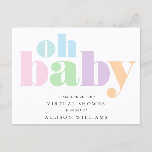 Oh Baby Pastel Typography Virtual Baby Shower Invitation Postcard