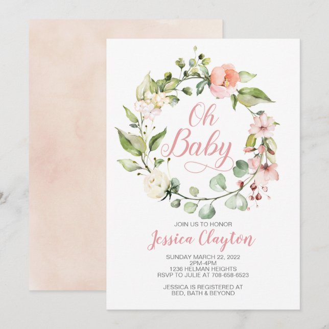 Oh Baby Peach Floral Baby Shower Invitation (Front/Back)