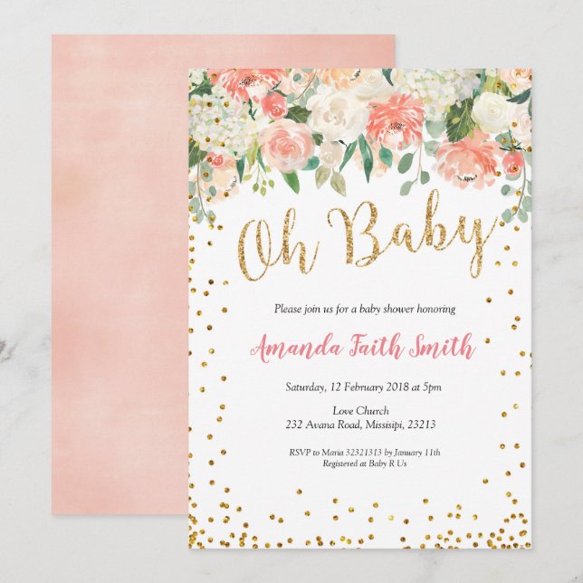 Oh Baby Peach Floral Baby Shower Invitation (Front/Back)
