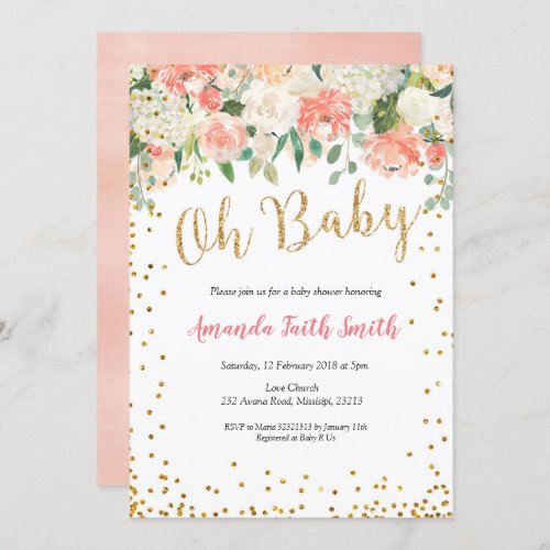 Oh Baby Peach Floral Baby Shower Invitation