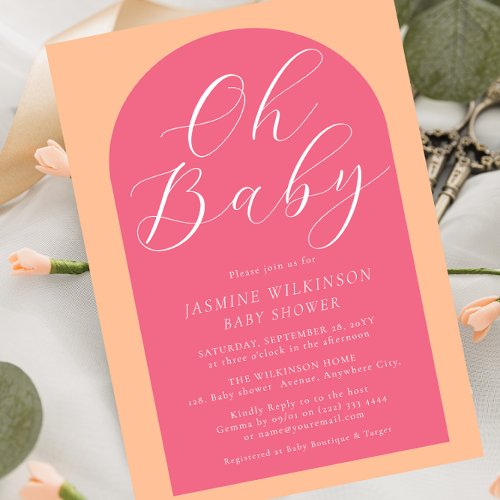 Oh baby peach fuzz pink modern script baby shower  invitation