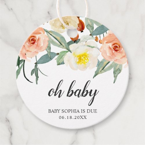 Oh Baby Peach Watercolor Floral Girl Baby Shower Favor Tags