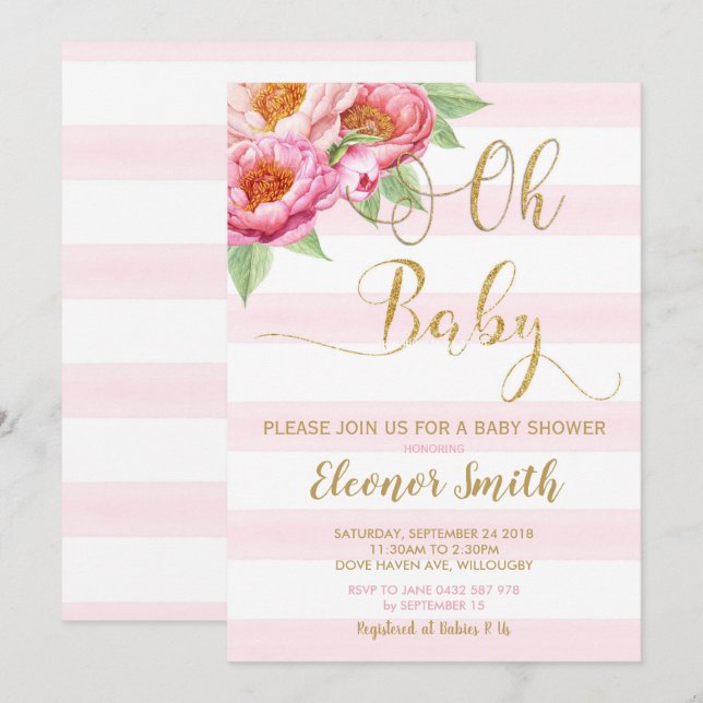 Oh Baby Peony Floral Baby Shower Invitation Girl (Front/Back)