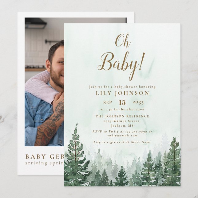 Oh Baby Pine Tree Forest Baby Shower Photo QR Code Invitation (Front/Back)