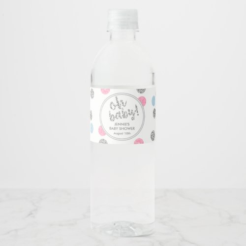 Oh Baby Pink and Blue Glitter Baby Shower Water Bottle Label