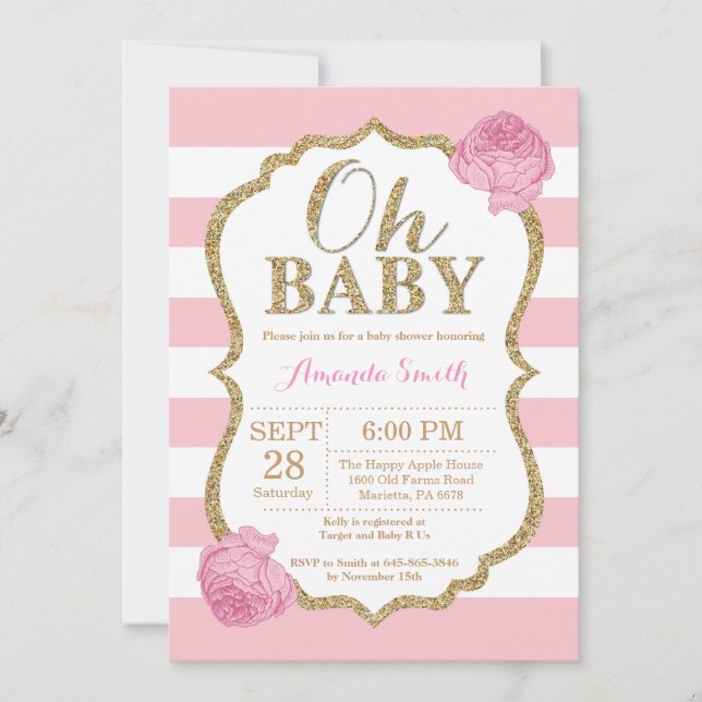 Oh Baby Pink and Gold Baby Shower Invitation (Front)