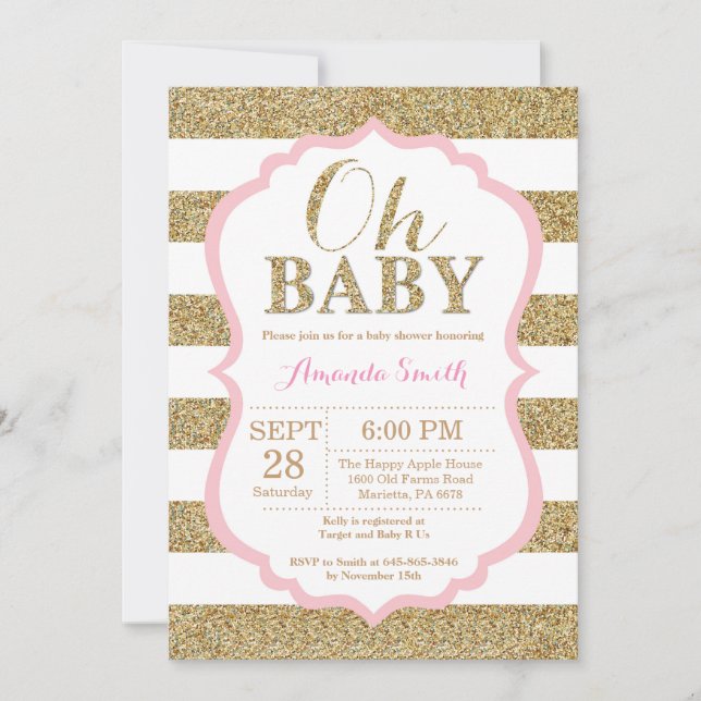 Oh Baby Pink and Gold Baby Shower Invitation (Front)