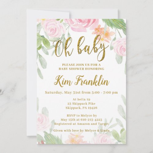 Oh Baby Pink and Gold Baby Shower Invitation