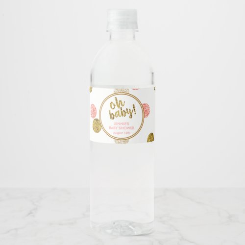 Oh Baby Pink and Gold Glitter Baby Shower Water Bottle Label