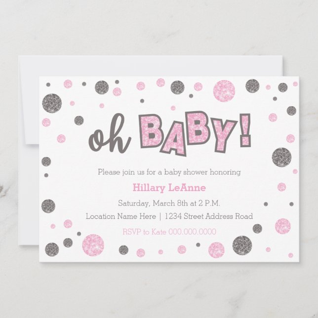 oh Baby Pink and gray glitter shower invitation (Front)