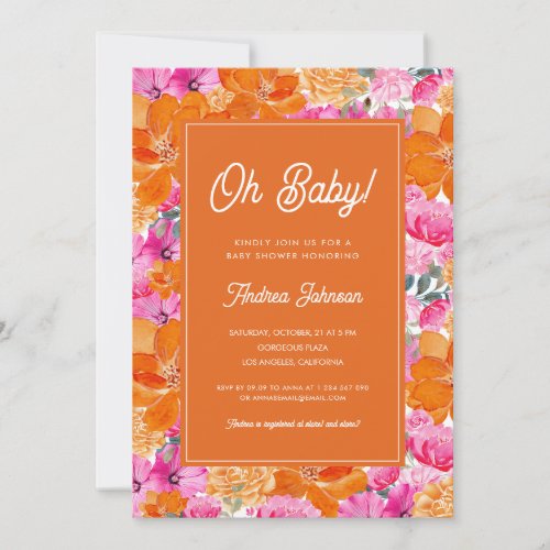 Oh Baby Pink and Orange Vibrant Floral Baby Shower Invitation