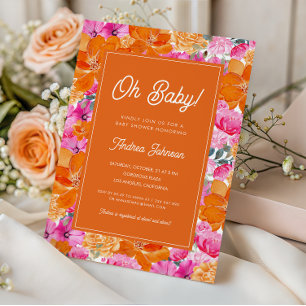 Oh Baby Pink and Orange Vibrant Floral Baby Shower Invitation