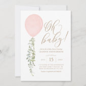 Oh Baby Pink Balloon Eucalyptus Baby Shower Invita Invitation (Front)
