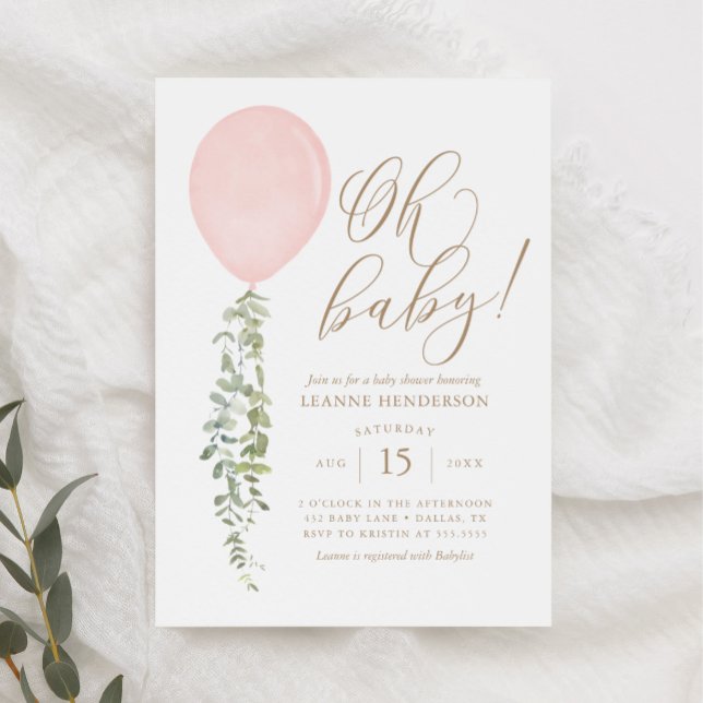 Oh Baby Pink Balloon Eucalyptus Baby Shower Invita Invitation