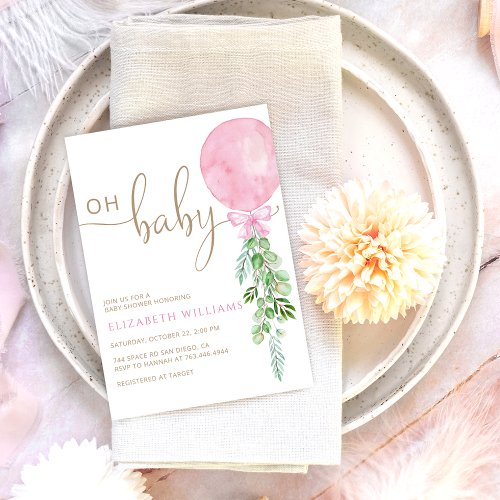 Oh Baby Pink Balloon Eucalyptus Baby Shower Invitation