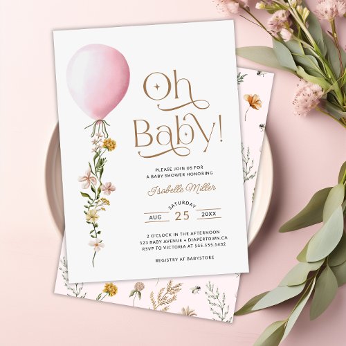 Oh Baby Pink Balloon Floral Baby Shower Invitation