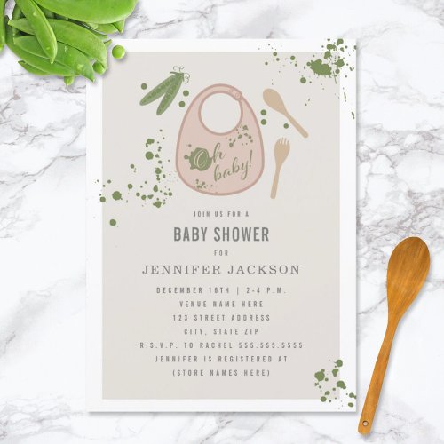 Oh Baby Pink Bib Peas Fork Spoon Girl Baby Shower Invitation