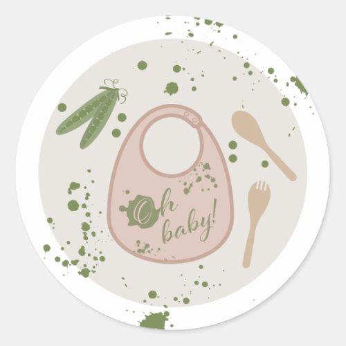Oh Baby Pink Bib Spoon Fork Peas Baby Shower Classic Round Sticker