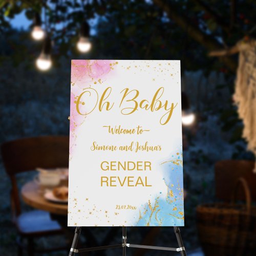 Oh baby pink blue gold gender reveal welcome sign