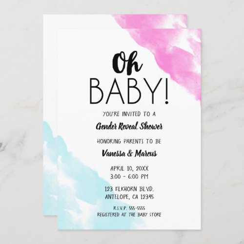 Oh Baby Pink Blue Watercolor Gender Reveal Shower Invitation