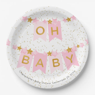Oh Baby Pink Bunting Flags Baby Shower Paper Plates