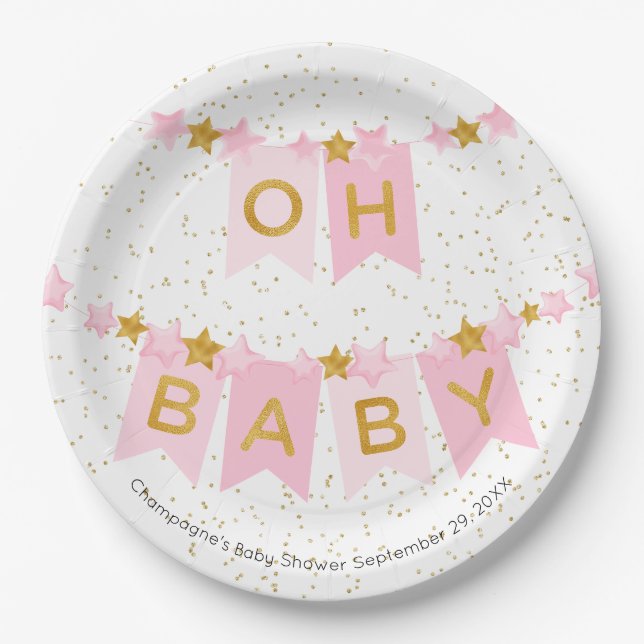 Oh Baby Pink Bunting Flags Baby Shower Paper Plates (Front)