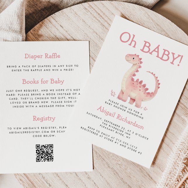 Oh Baby Pink Dinosaur QR Code Girls Baby Shower Invitation (Creator Uploaded)