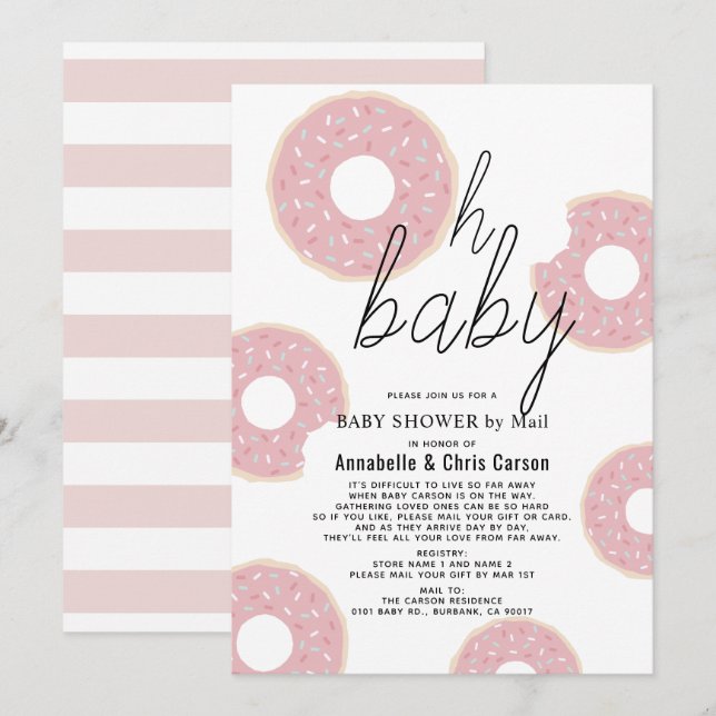 Oh Baby Pink Donut Girl Baby Shower by Mail Invitation (Front/Back)
