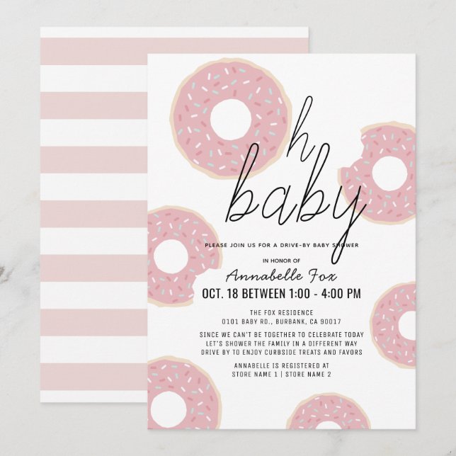 Oh Baby Pink Donut Girl Drive-by Baby Shower Invitation (Front/Back)