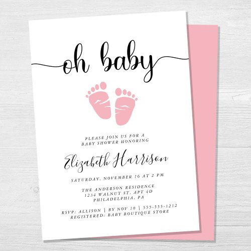 Oh Baby Pink Feet Baby Girl Shower Invitation