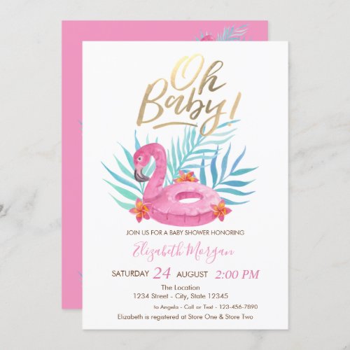 Oh Baby Pink Flamingo Palm Leaves Baby Shower   Invitation