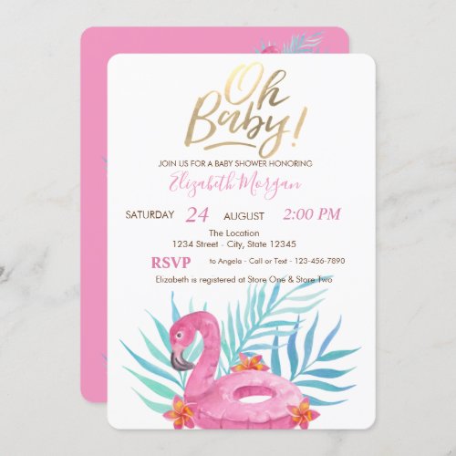 Oh Baby Pink Flamingo Palm Leaves Hibiscus Invitation