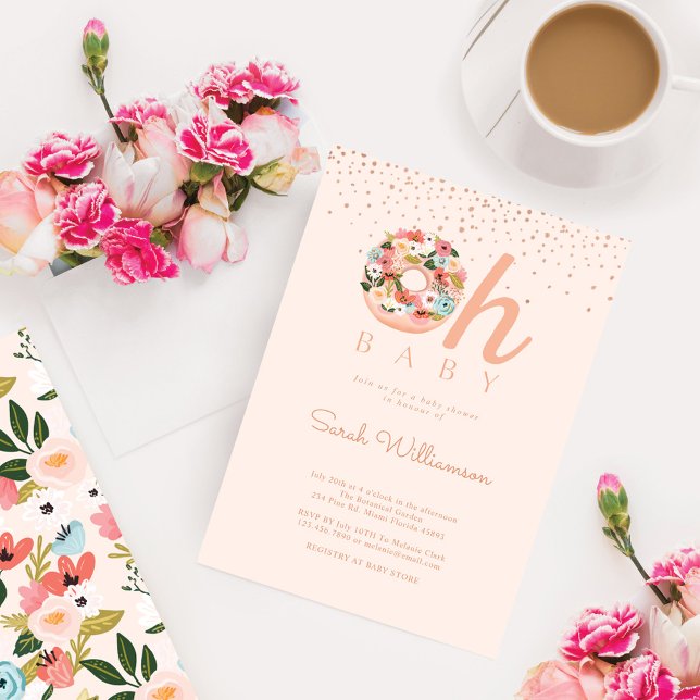 Oh Baby Pink Floral Botanical Donut Baby Shower Invitation (Creator Uploaded)