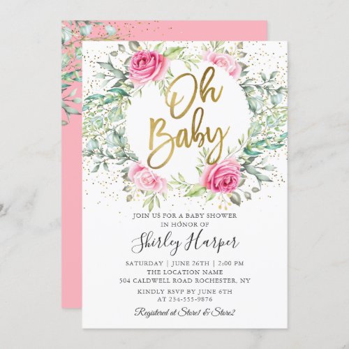 Oh Baby Pink Floral Greenery Glitter Baby Shower Invitation