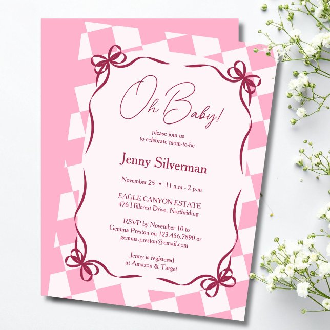 Oh Baby Pink Gingham Bows Baby Shower Invitation (Oh Baby Pink Gingham Bows Baby Shower Invitation)