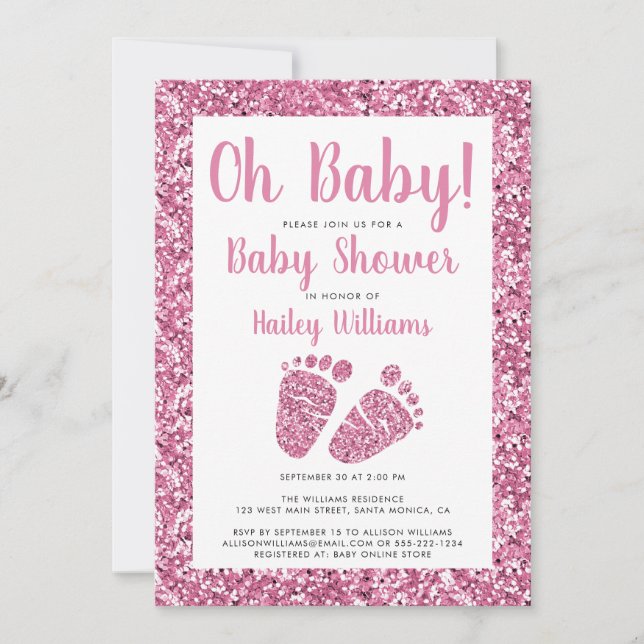 Oh Baby Pink Glitter Baby Feet Baby Shower Invitation (Front)