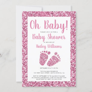 Oh Baby Pink Glitter Baby Feet Baby Shower Invitation