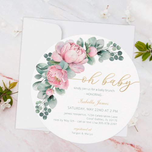 Oh Baby Pink Gold Floral Greenery Girl Baby Shower Invitation