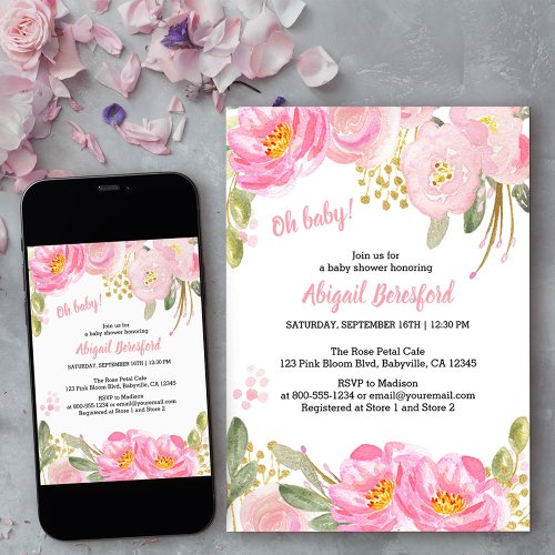 Oh Baby Pink Gold Floral Watercolor Baby Shower Invitation