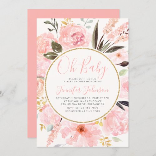Oh Baby Pink Gold Glitter Roses Baby Shower Invitation