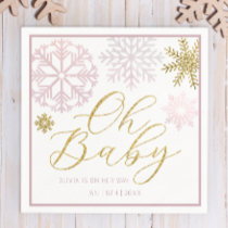 Oh Baby Pink & Gold Snowflakes Baby Shower Napkins