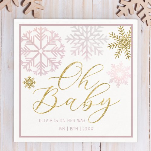 Oh Baby Pink  Gold Snowflakes Baby Shower Napkins
