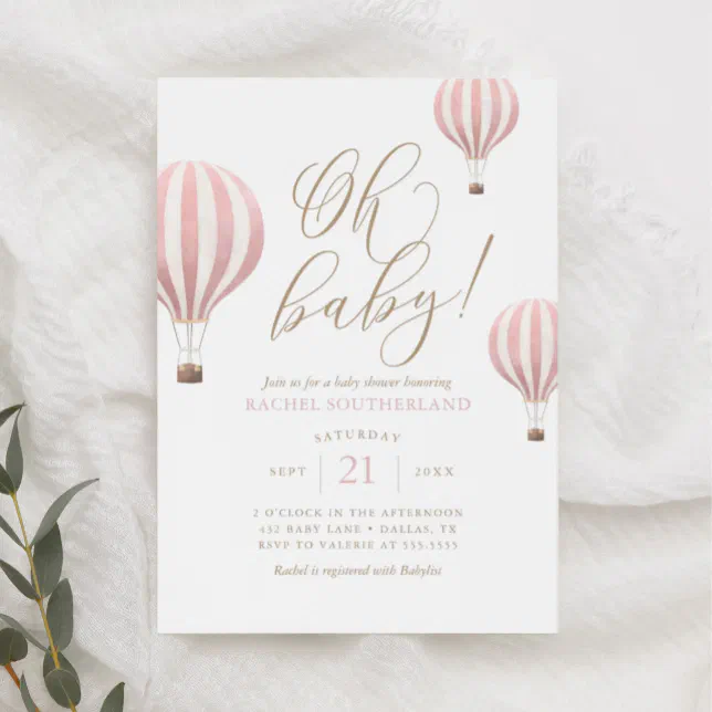 Oh Baby Pink Hot Air Balloon Baby Shower Invitatio Invitation | Zazzle