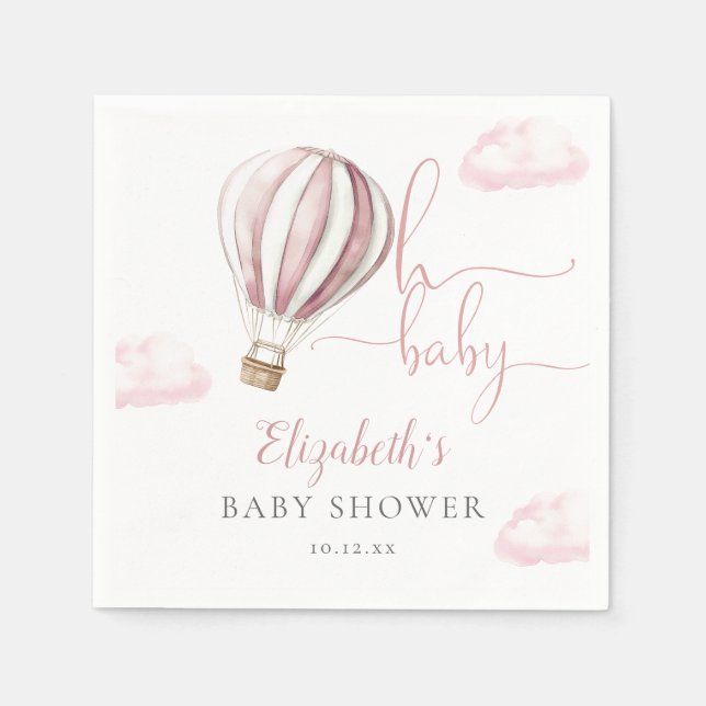 Oh Baby Pink Hot Air Balloon Girl Baby Shower Napkins (Front)