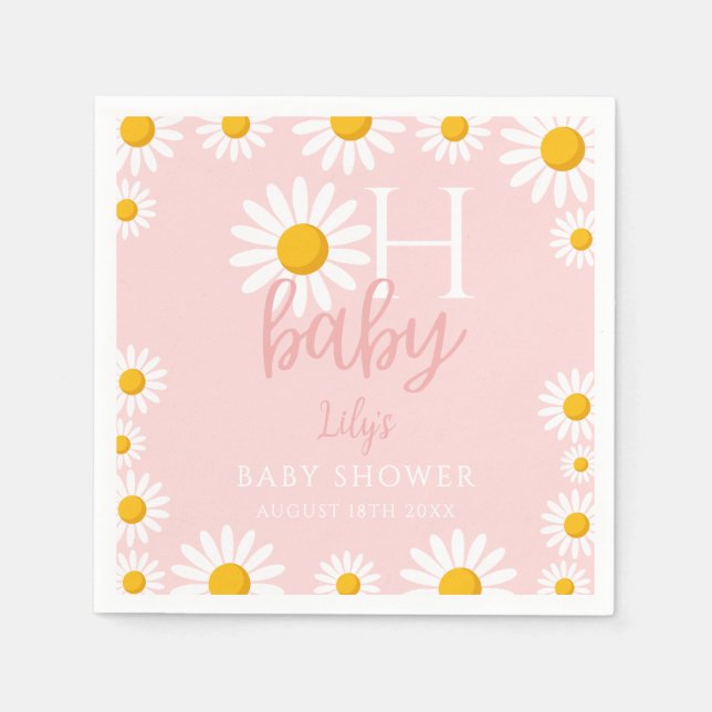 Oh Baby Pink Modern Daisy Baby Shower Napkins (Front)